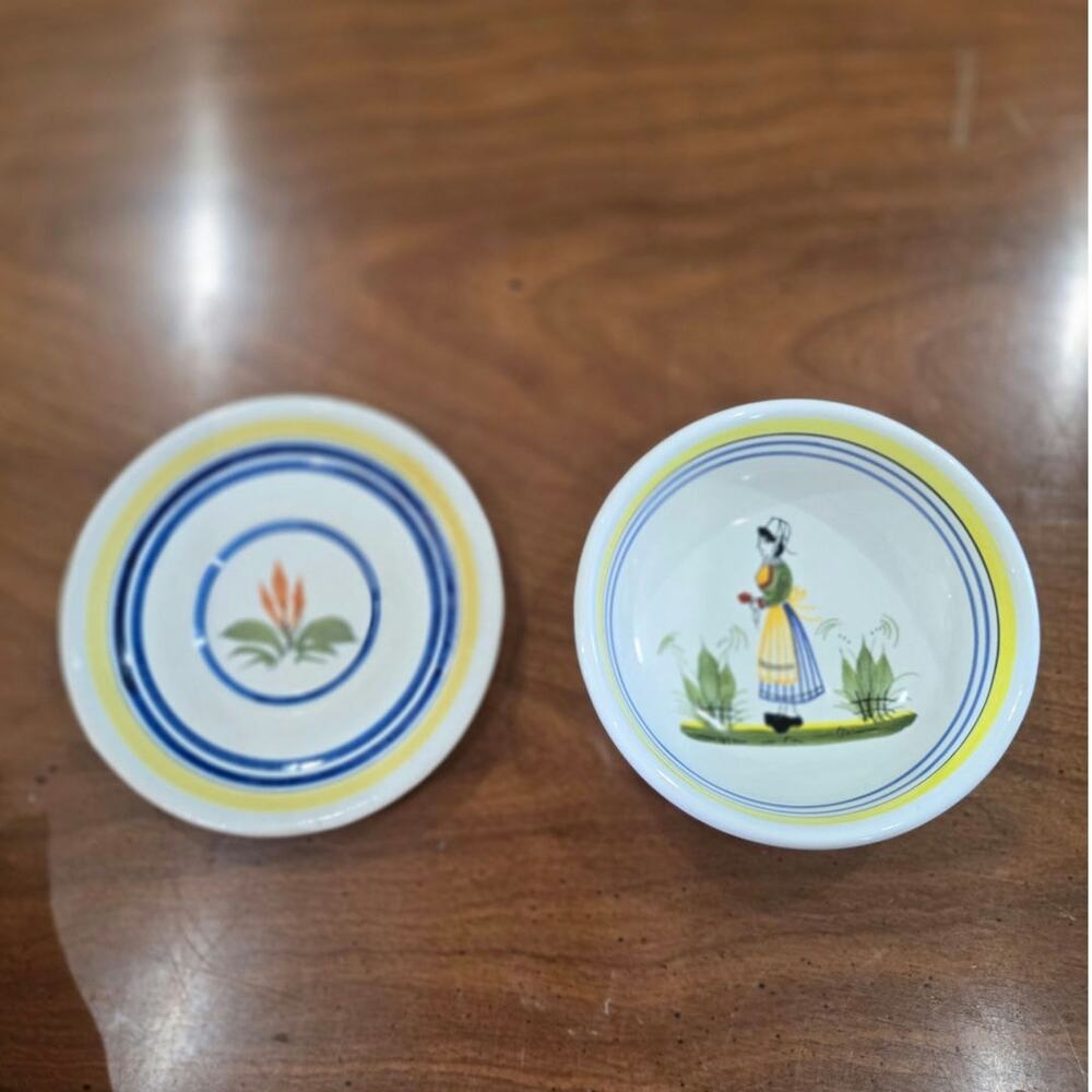 Set 2 Henriot Quimper small bowl and plate 4 inch "Soleil Yellow" Breton Women